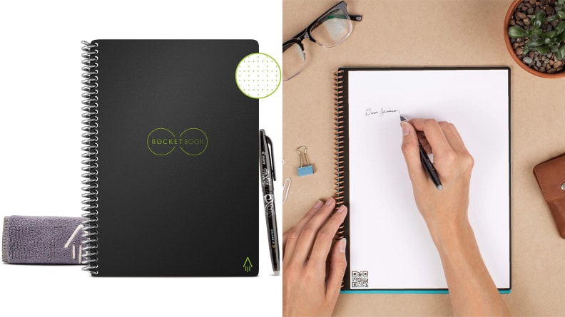 Rocketbook on white background / Person writing a note on the Rocketbook on a desk.
