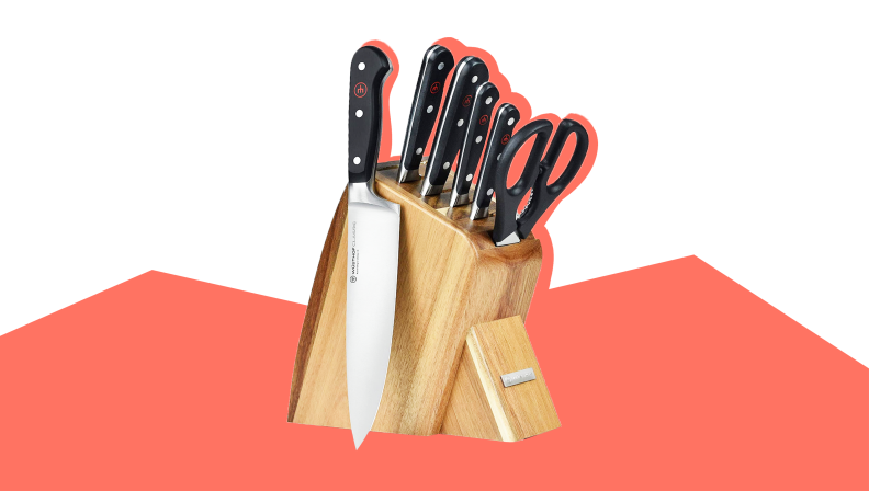 The Wüsthof Classic 7-piece Slim Knife Block Set on a white and red background.