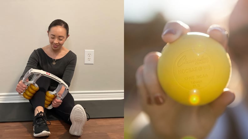 left: woman using roll recovery r8. right: person holding yellow champion lacrosse ball.
