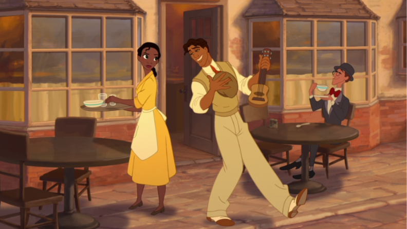 A still from 'The Princess and the Frog' featuring Tiana and Naveen outside Tiana's initial workplace.