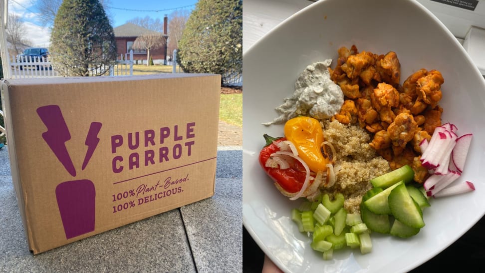 A cardboard box of Purple Carrot meal service delivery paired with a photo of a prepared meal.