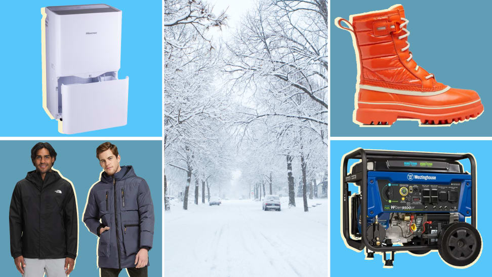 Collage of Hisense DH7021K1W Dehumidifer, two models wearing jackets from The North Face and Orolay, a snowy day in a residential neighborhood, an orange pair of snow boots and a heavy duty generator.