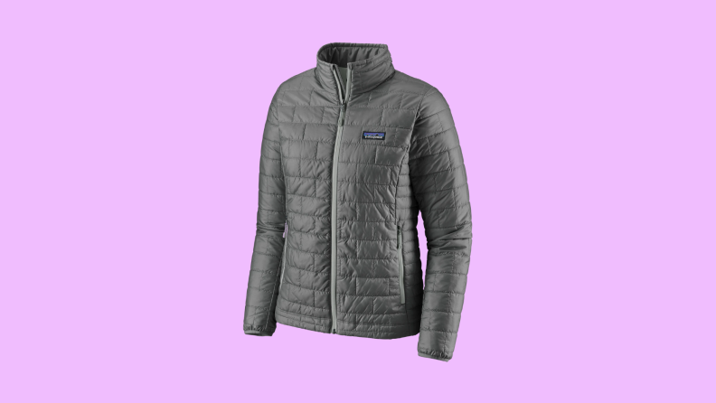A silver Patagonia puffer jacket.