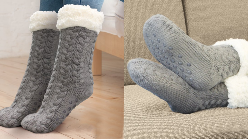 Two photographs of a model lounging in textured gray Huggle Slipper Socks.