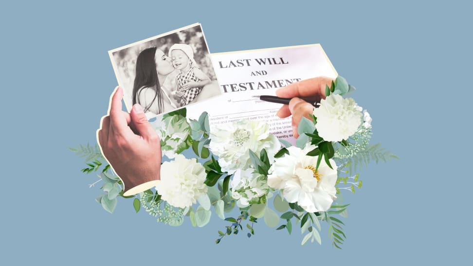 Collage of flowers, a person holding a photograph and a document of a last will and testament.