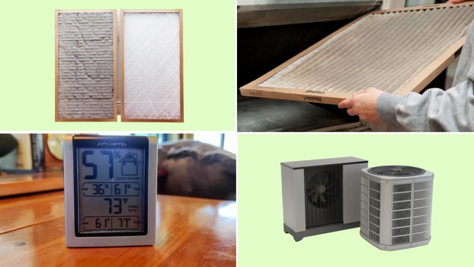 four part collage including air condition filters, outdoor A/C units, and a temperature testing sensor.