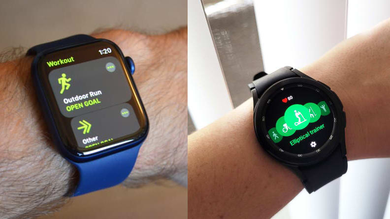 Two different images of someone wearing a smartwatch around their wrist