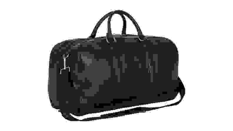 black leather duffel