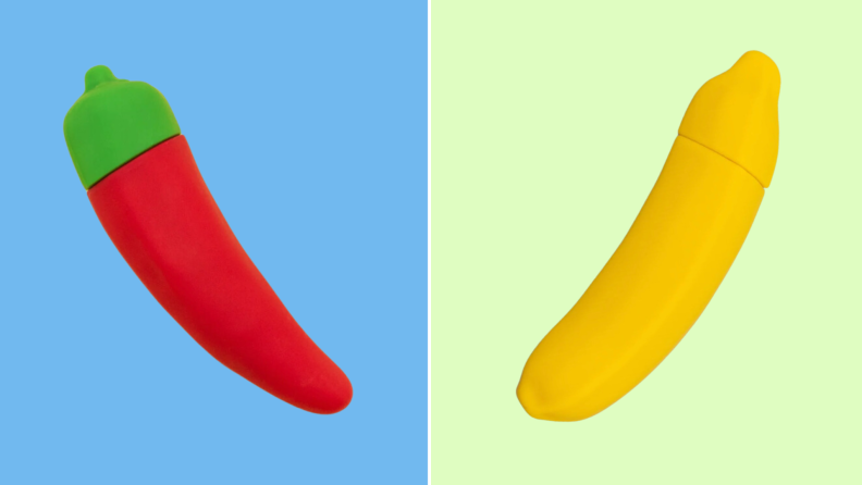 A photo collage of two Emojibator sex toys, including the Chili Pepper and the Banana.