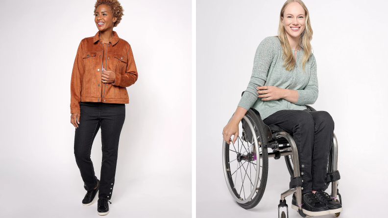 The woman on the left is wearing the Denim & Co. Adaptive Classic Faux Suede Jacket and the woman on the right, who is in a wheelchair, is wearing the grey Denim & Co. Adaptive Zipper Pointelle Sweater Cardigan.