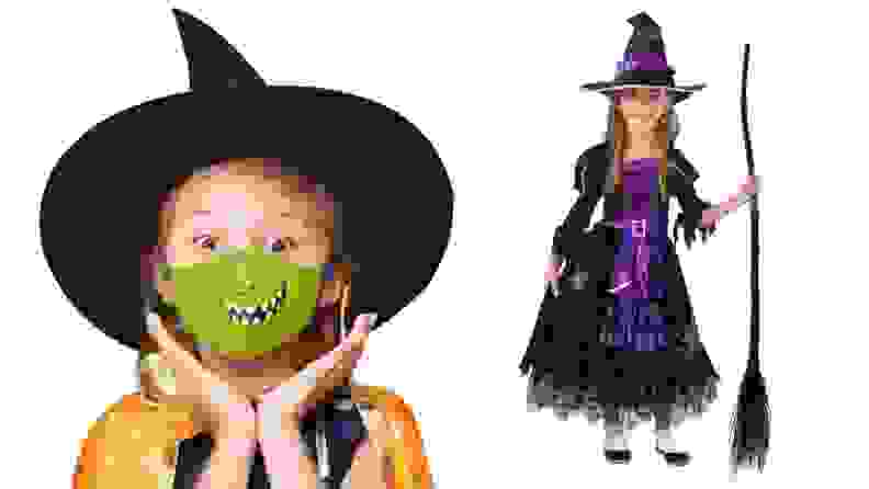 A child with a green witch mask and another child in a purple and black witch costume.