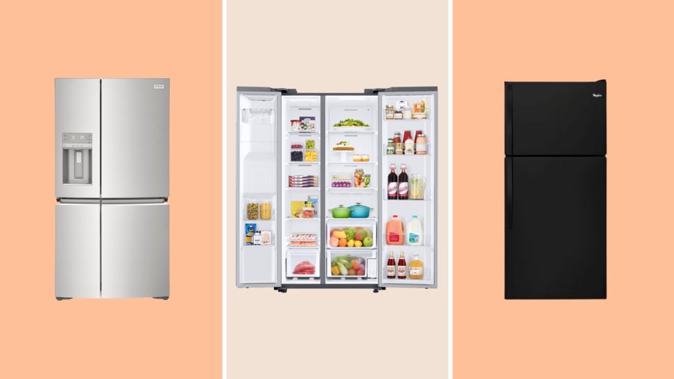 An image of an open fridge full of food alongside an image of an exterior ice-dispenser on a different fridge.