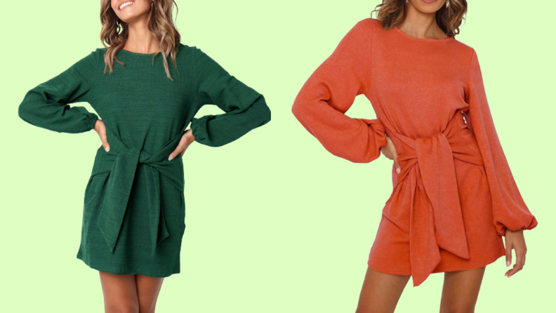 A knit dress with a tie-front, seen in green and orange colorways.
