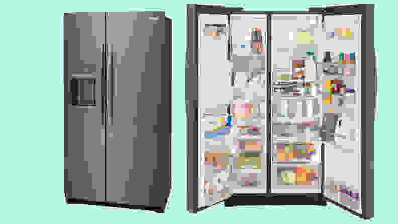 Two images of the Frigidaire GRSC2352AF side-by-side refrigerator, one with its doors closed and the other with its doors open, showcasing a fully-stocked interior