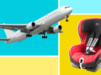 An airplane and a red car seat on a yellow and blue background