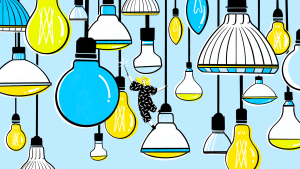 A unique illustration showing a variety of light bulbs hanging, with a woman in the center