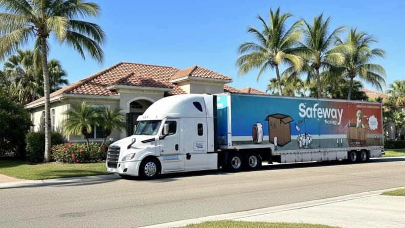 A moving truck sits in front of a house with palm trees