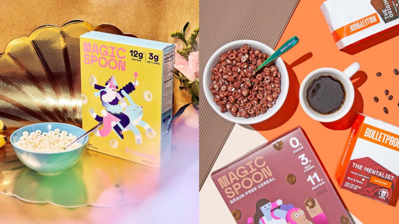 Two different product images show Magic Spoon cereals in bowls next to their respective packaging (one yellow, one brown). There's a cup of coffee and some Bulletproof-brand