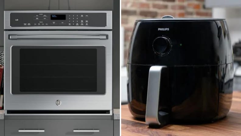 Two images of a wall oven and an air fryer.