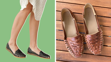 A model wears a black huarache sandal, and the sandals shown from above in brown.