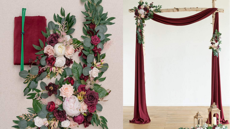 On left, red and pink floral arrangement. On right, wooden archway adorned with pink and red floral arrangement
