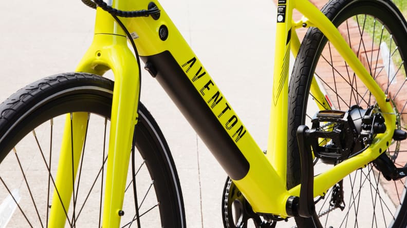 Close-up of a yellow Aventon Soltera 2 e-bike