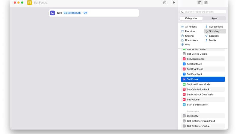 A screenshot of the Shortcuts app on macOS Monterey, showing how an example shortcut can be built to toggle Do Not Disturb and open two apps side-by-side.