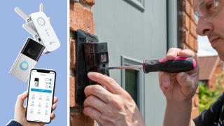 A person using a screwdriver on a video doorbell next to a collage featuring a Wi-Fi extender, a smartphone and a video doorbell.