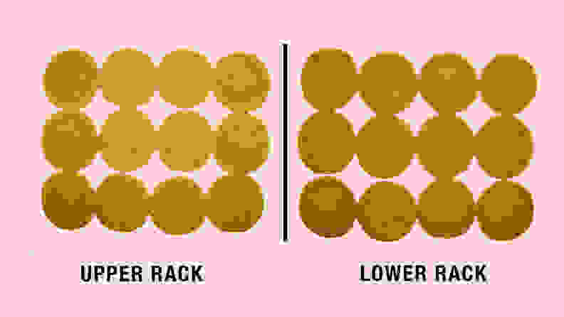 Two sets of baked cookies showing the results of different racks.