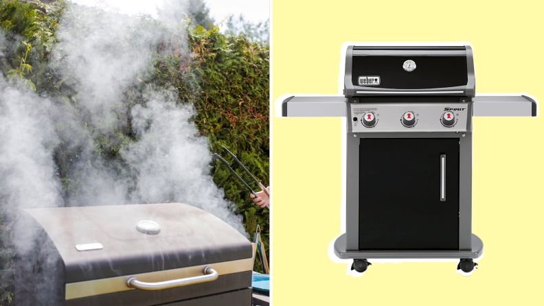 On left, outdoor grill with smoke lingering in air. On right, product shot of the Weber Spirit E-310 Liquid Propane Gas Grill.