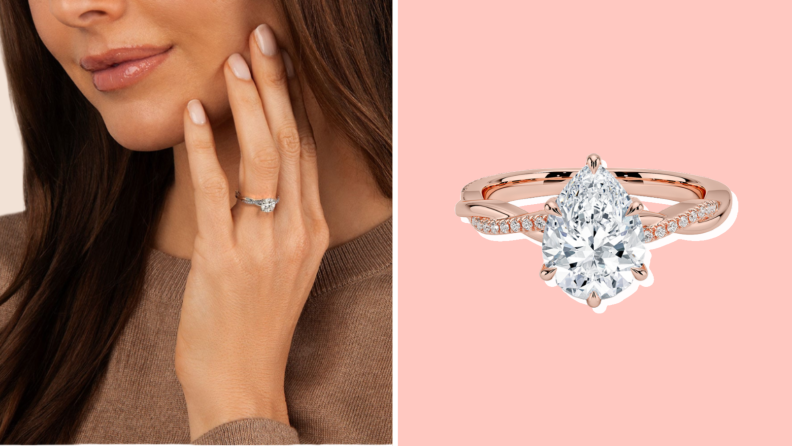 Collage of an engagement ring from Brilliant Earth shown on a finger and against a pink background.