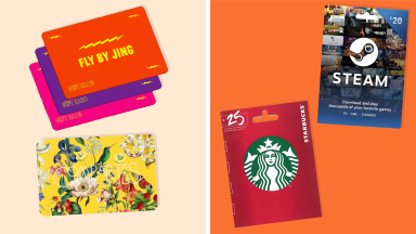 Gift cards for Fly By Jing, Compartes, Steam, and Starbucks on a tan and orange background.