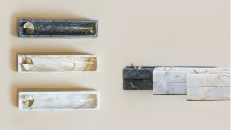 Left: top-down view of three incense boxes, Right: close-up of brass piece on incense boxes