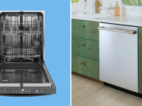 Left: An open KitchenAid dishwasher with a stainless steel interior. Right: A closed stainless-steel Café dishwasher.