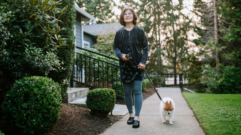 A person walks their small dog on a sidewalk.