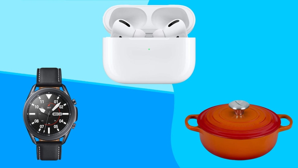 Watch, wireless earbuds and pot in front of blue background.