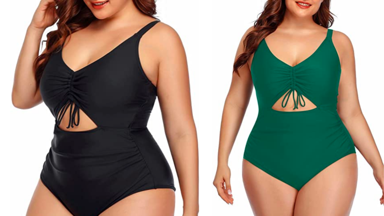 Two images of the same swimsuit, the first in black and the second in bright green. The suit is a one-piece with an open panel in the shape of a triangle beneath the bust, which is v-neck and cinched with a string tie.