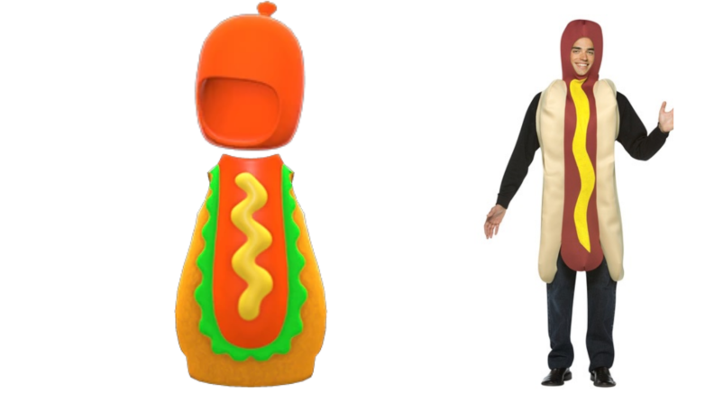 An Animal Crossing hot dog costume and a real hot dog costume.