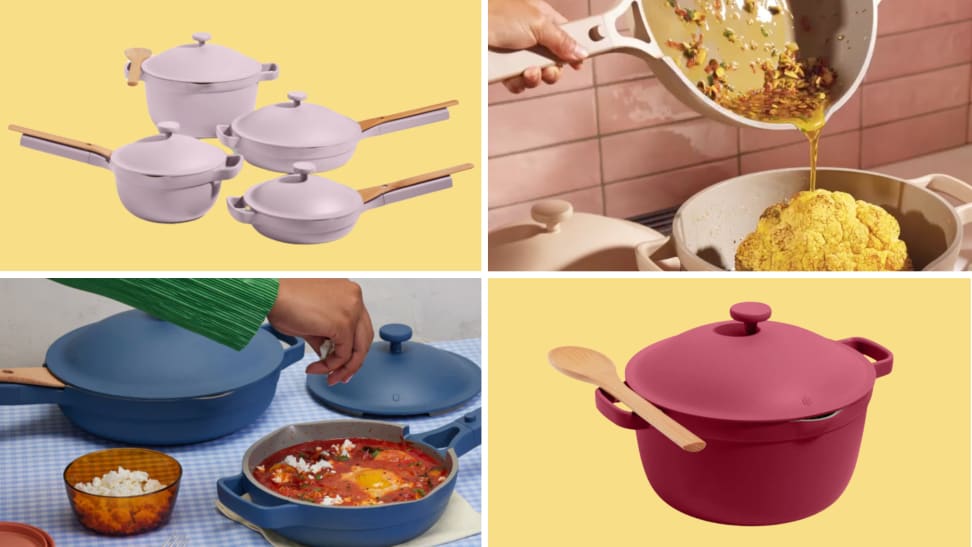 A collage of Our Place cookware on a colored background.