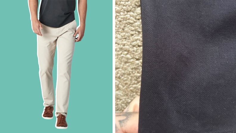 A model wearing khaki chinos and a close-up of the fabric on the same chinos in black.