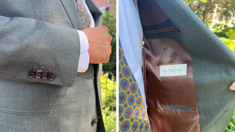 Close-up of details of the jacket cuff buttons and the interior label of a green suit worn by the author.
