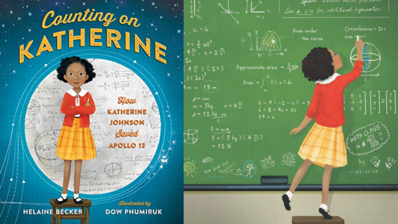 Children's book about Katherine Johnson. Cartoons of young girl standing on stool with arms folded. On right, young girl writing standing on stool while writing on chalkboard.