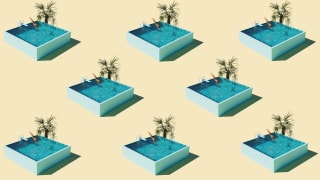 Illustration of several identical square above ground pools next to palm tree landscaping.