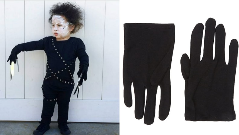 On left, child dressed up in Edward Scissorhands Halloween costume.