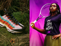 A shoe next to a women holding a tennis racket