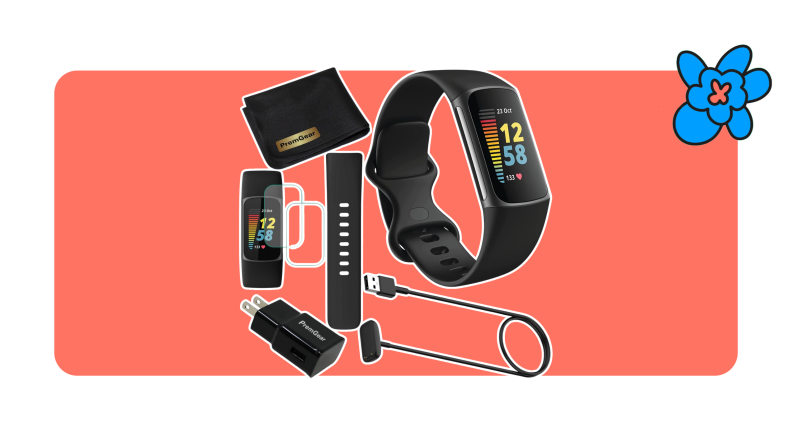 A Fitbit Charge 5 fitness watch set alongside a charger cord, replacement band, screen protectors, and attachment plug.