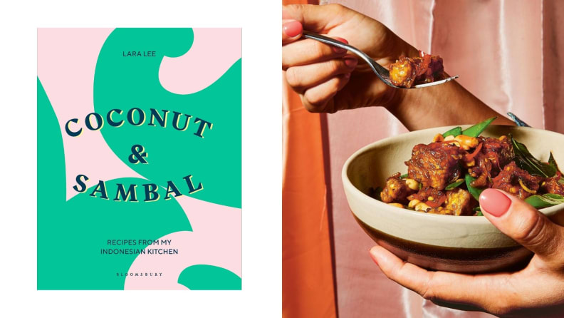 Left: A photo of the cookbook, Coconut & Sambal. Right: One hand holds a bowl filled with food while the other lifts a food-filled fork.