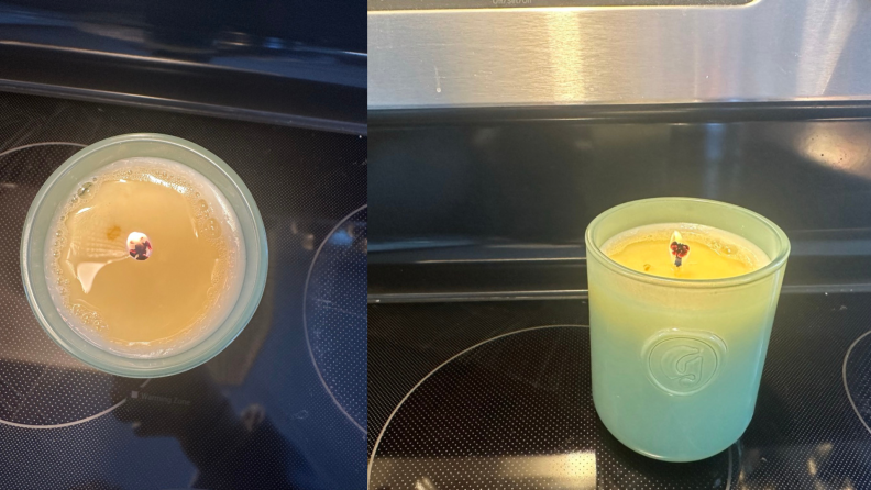 On the left, an overhead shot of a candle with unevenly burned wax. On the right, the same candle from the side.