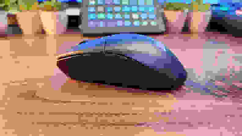 Looking at the side of a black mouse with two buttons