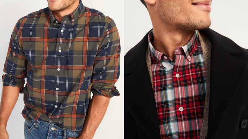 An image of a plaid shirt in browns and blues alongside a similar shirt in red and white plaid.